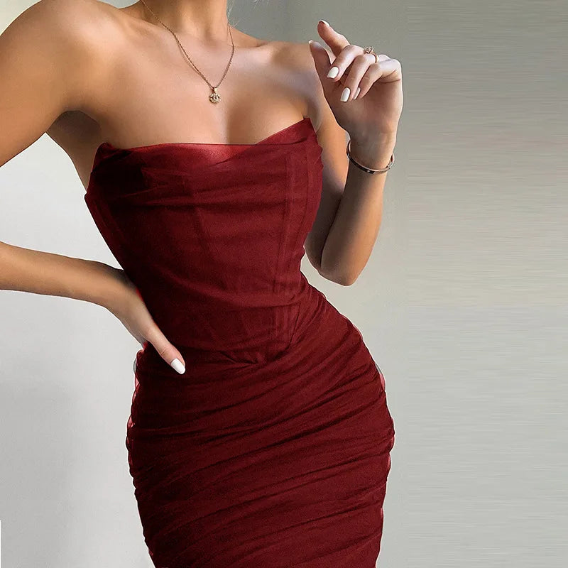 Women's Corset Bustier Bone Ruched Mesh Midi Dress - Backless Strapless Bodycon Dress