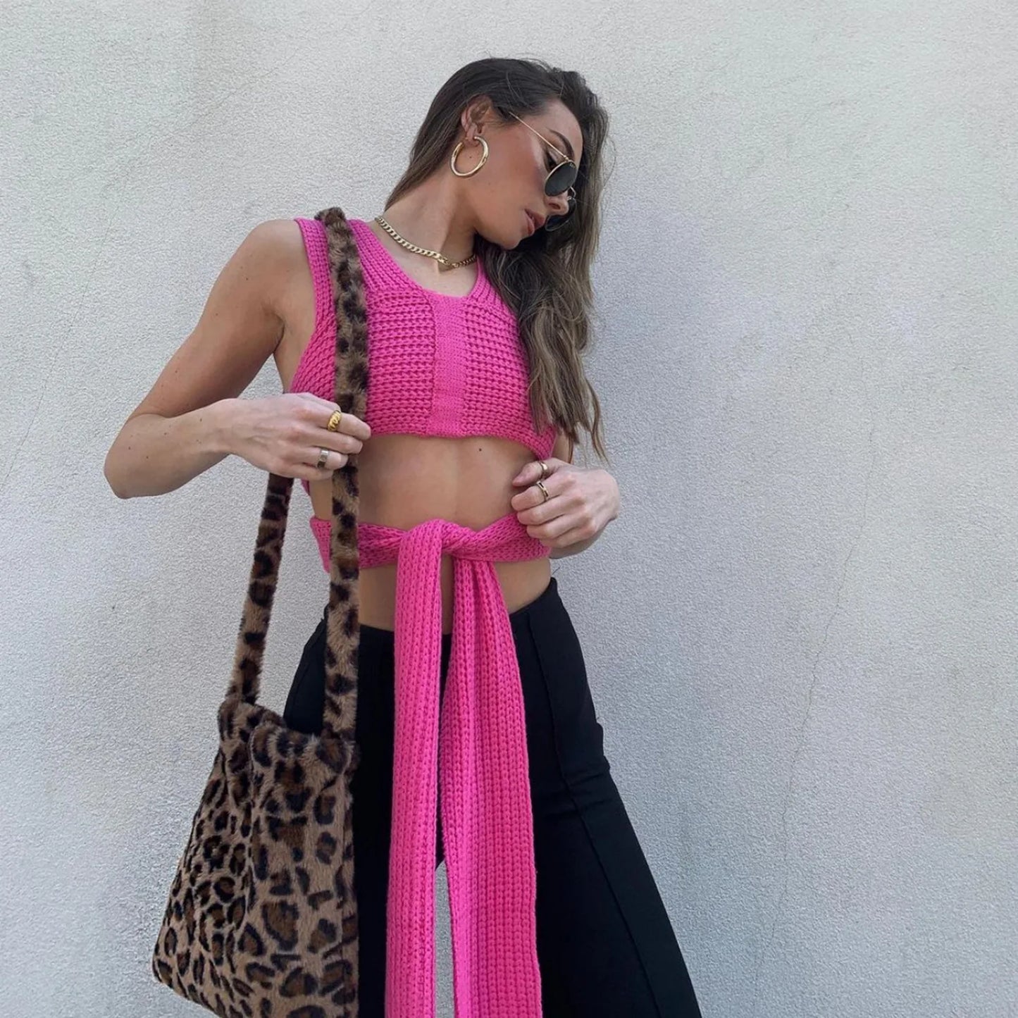 Women's Fall Winter Knitted Crop Top Sleeveless Pullover Bandage Sweater