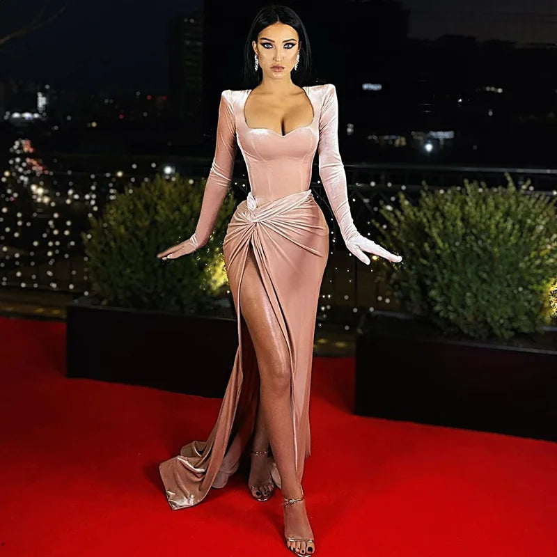 Women's Gown Long Dress - Gloves Sleeve Velvet Slit Maxi Ruched Dress