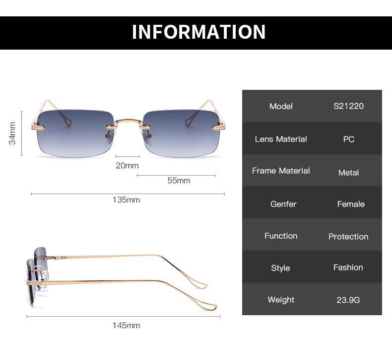 Small Rimless Square Sunglasses - UV400 Protection Metal Frame