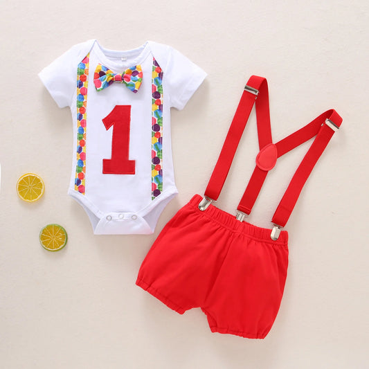Baby Boy's 1st Birthday Outfit Set - Cartoon Print Romper with Bowknot & Overalls