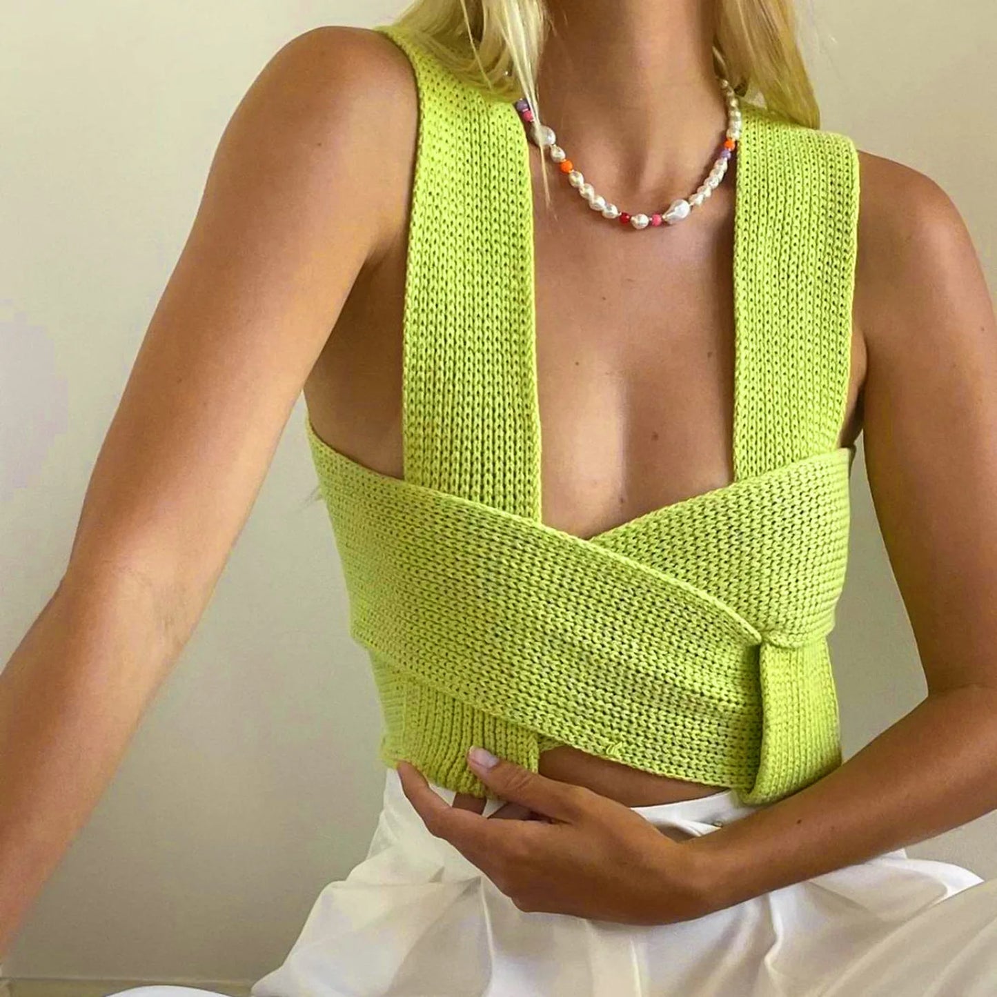 Women's Fall Winter Knitted Crop Top Sleeveless Pullover Bandage Sweater