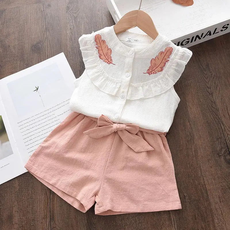 Girls Summer Feather Outfit Set - Sleeveless Top & Bandage Shorts