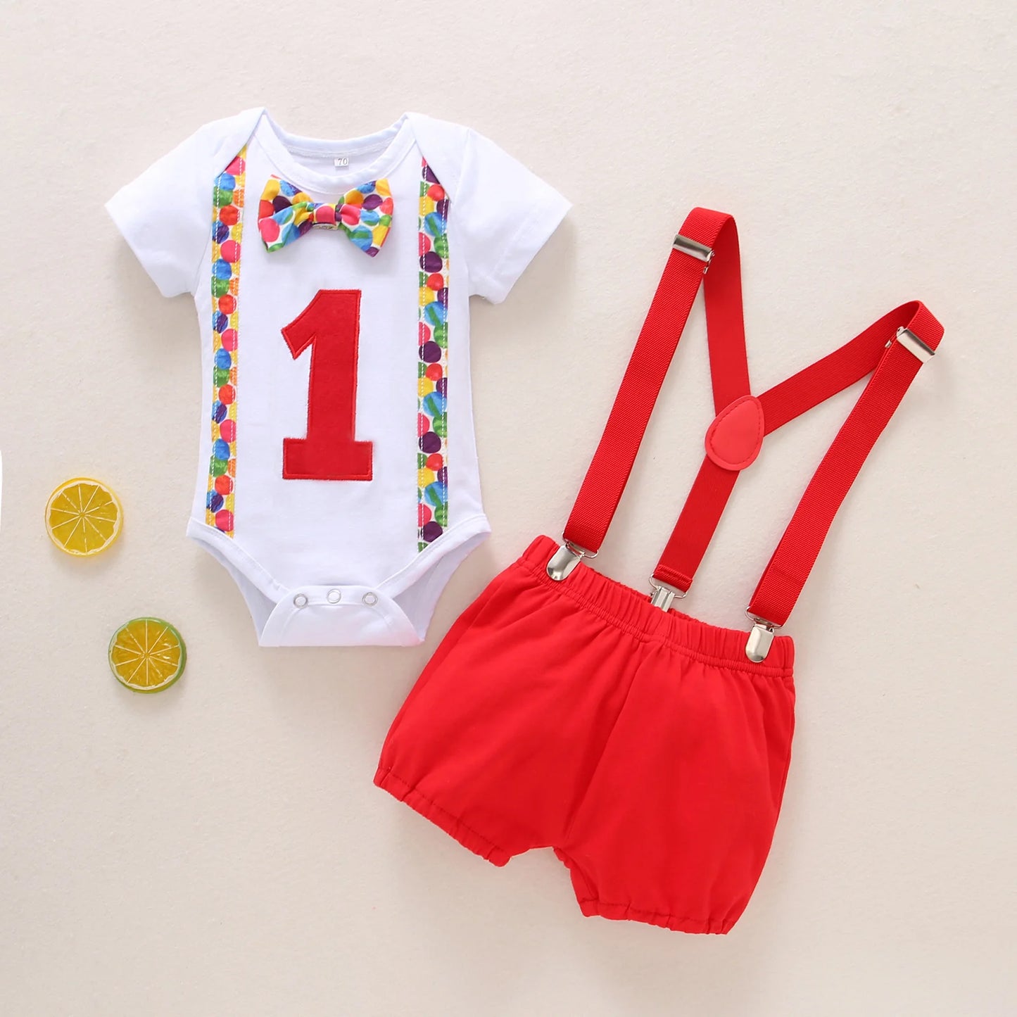 Baby Boy's 1st Birthday Outfit Set - Cartoon Print Romper with Bowknot & Overalls