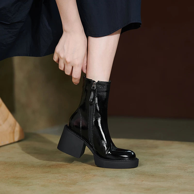 Genuine Leather Women Boots Platform Chunky Boots