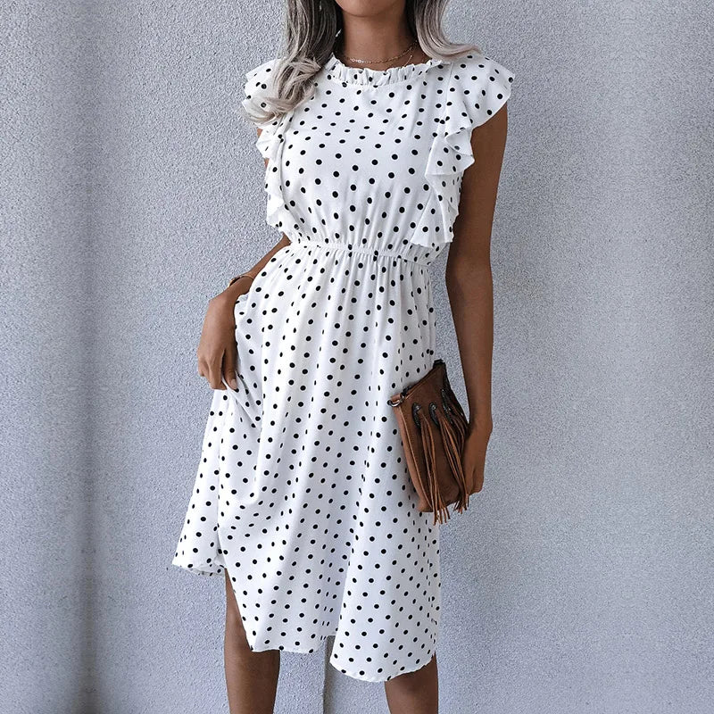Women's Vintage Butterfly Sleeve Ruffles Heart Dot Print Medium Long Chiffon Spring Summer Dress