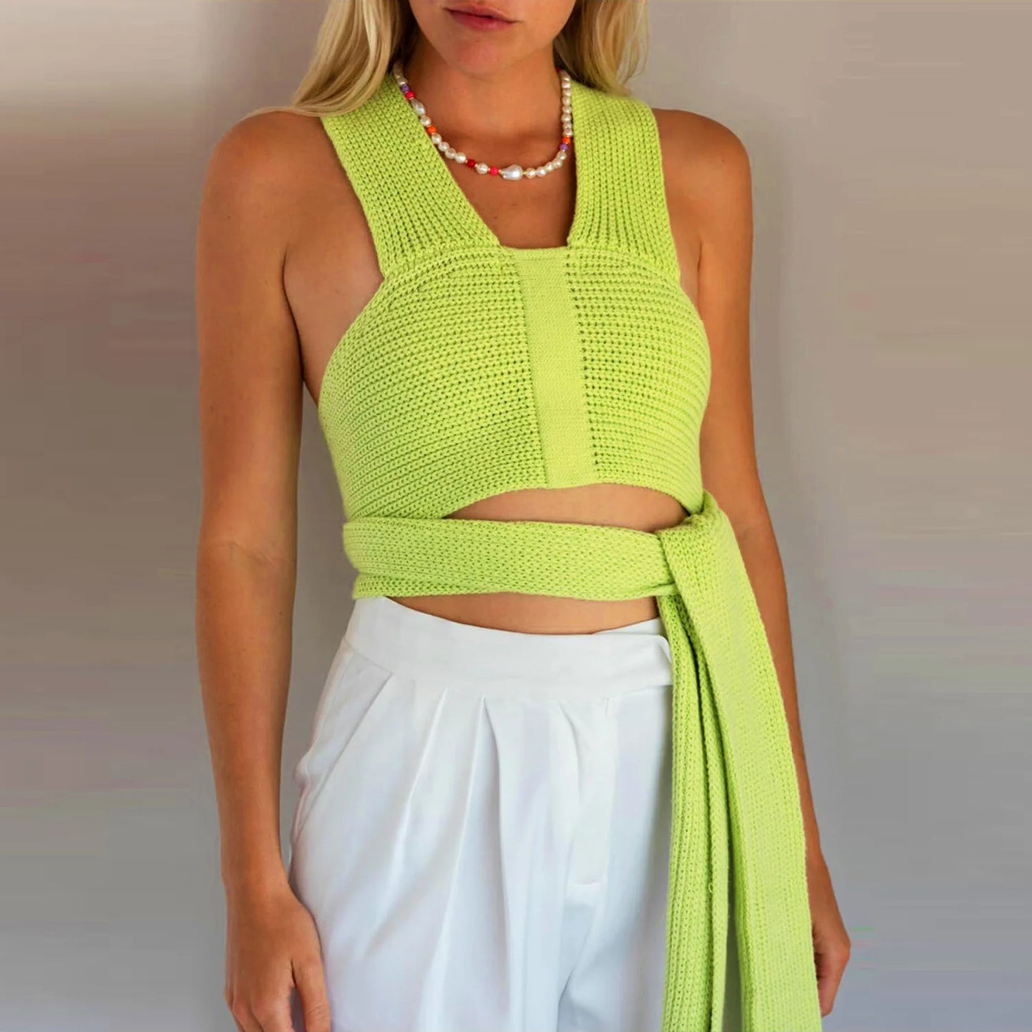 Women's Fall Winter Knitted Crop Top Sleeveless Pullover Bandage Sweater