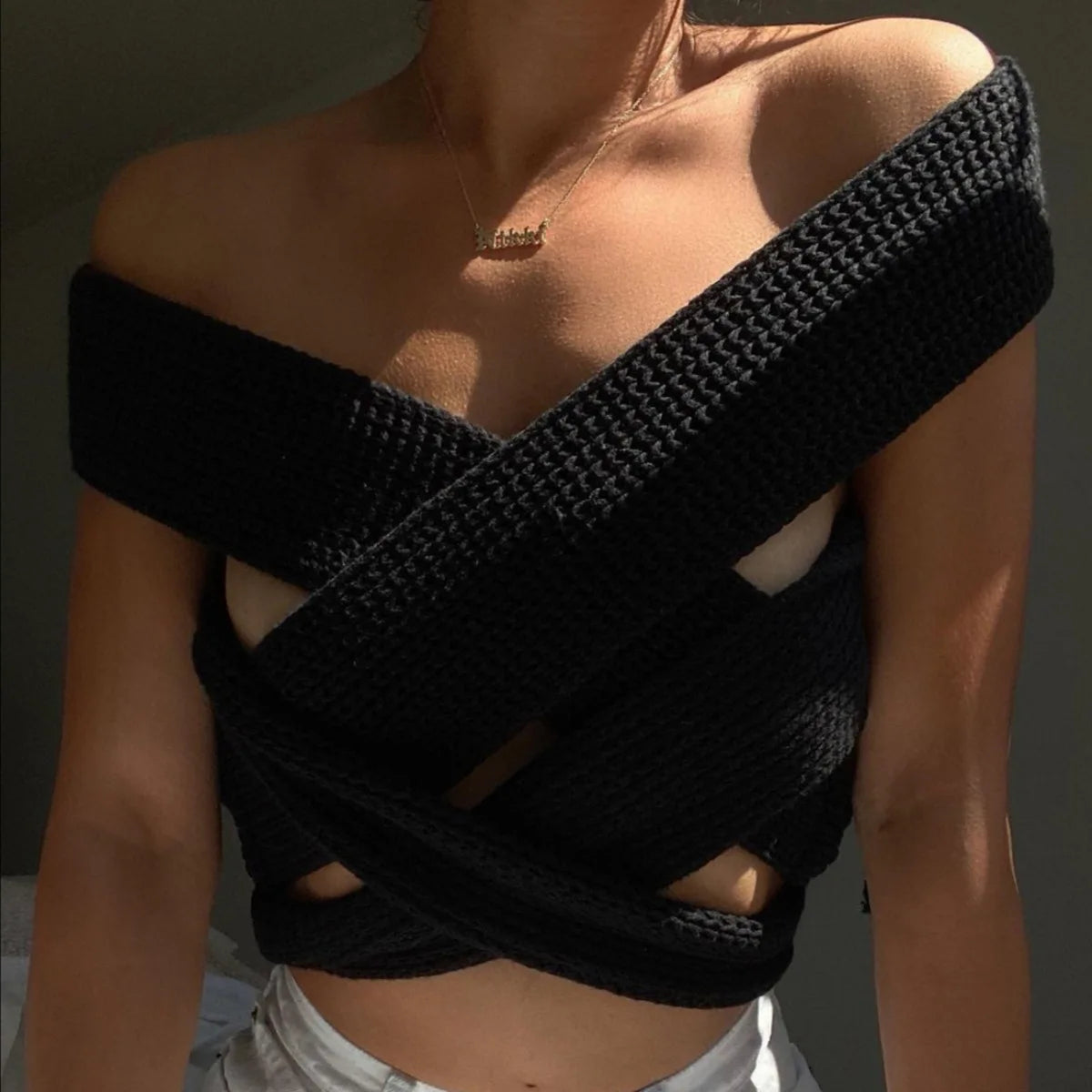Women's Fall Winter Knitted Crop Top Sleeveless Pullover Bandage Sweater