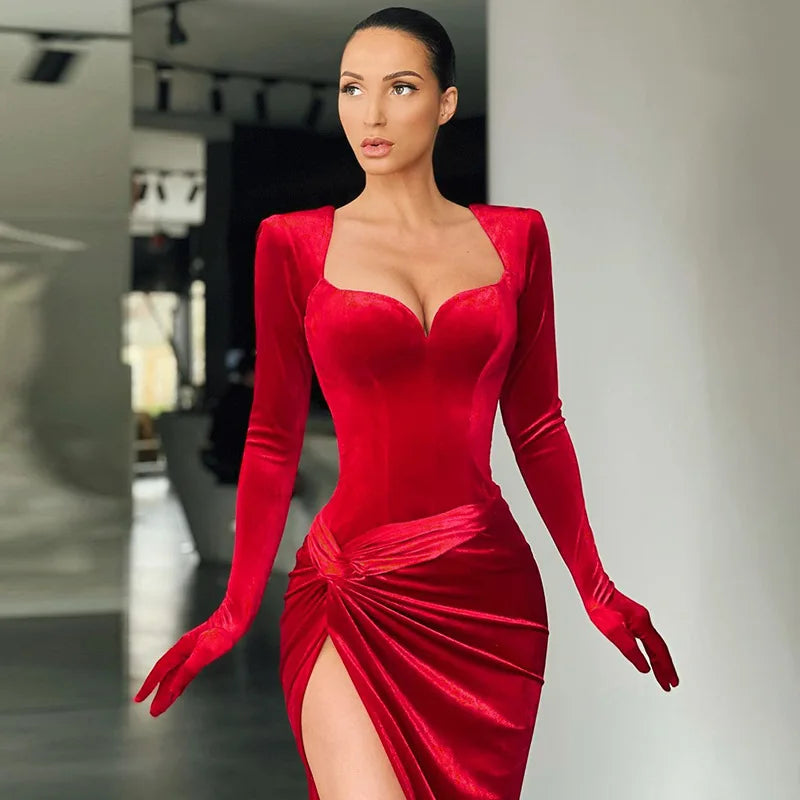 Women's Gown Long Dress - Gloves Sleeve Velvet Slit Maxi Ruched Dress