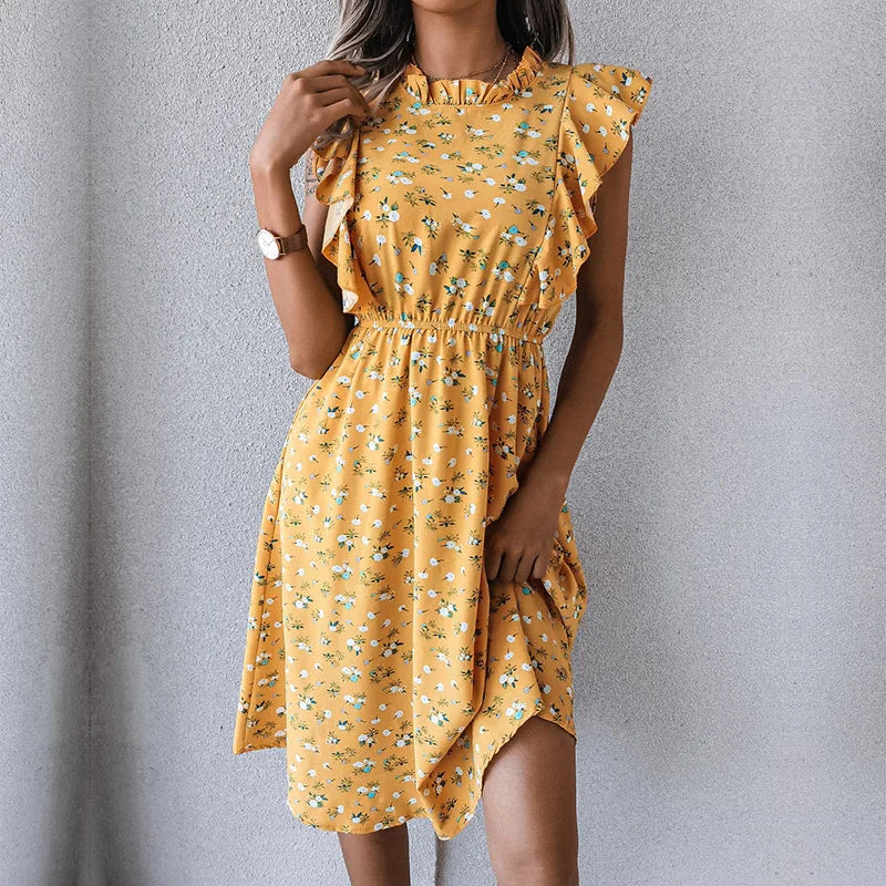 Women's Vintage Butterfly Sleeve Ruffles Heart Dot Print Medium Long Chiffon Spring Summer Dress