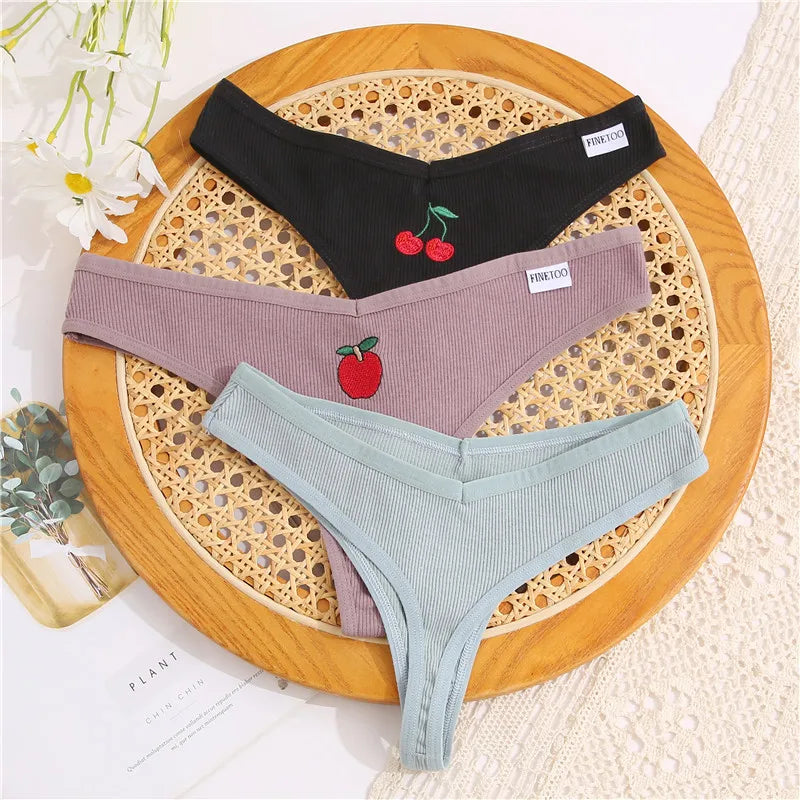 Women's Fruit Embroidery Thongs Cotton T-back Underpants G-string V Waist Underwear Bikini Lingerie