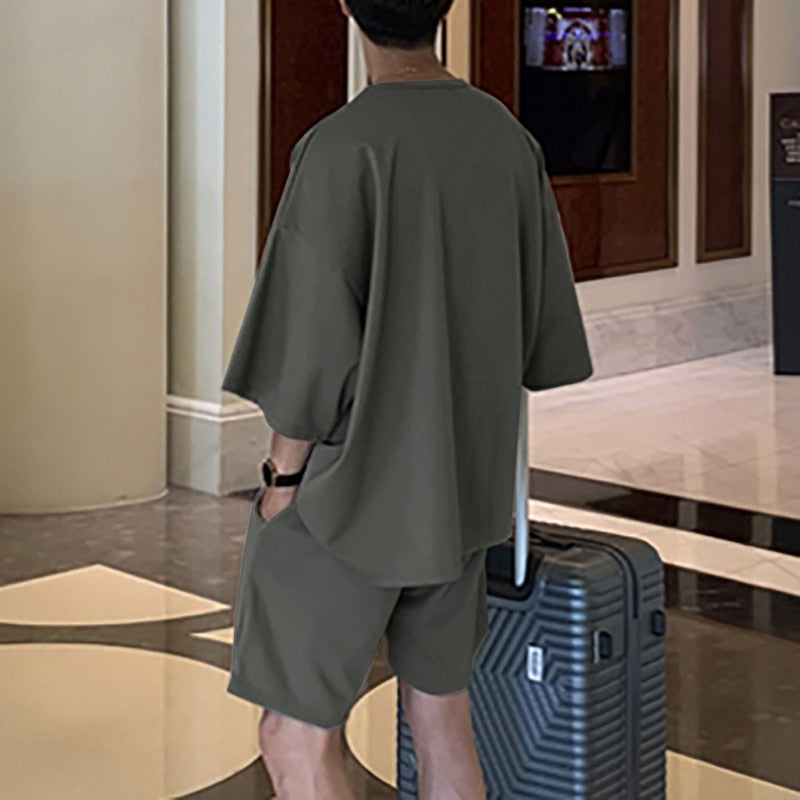 Men's Round Neck Half Sleeve T Shirt and Elastic Waist Shorts Set
