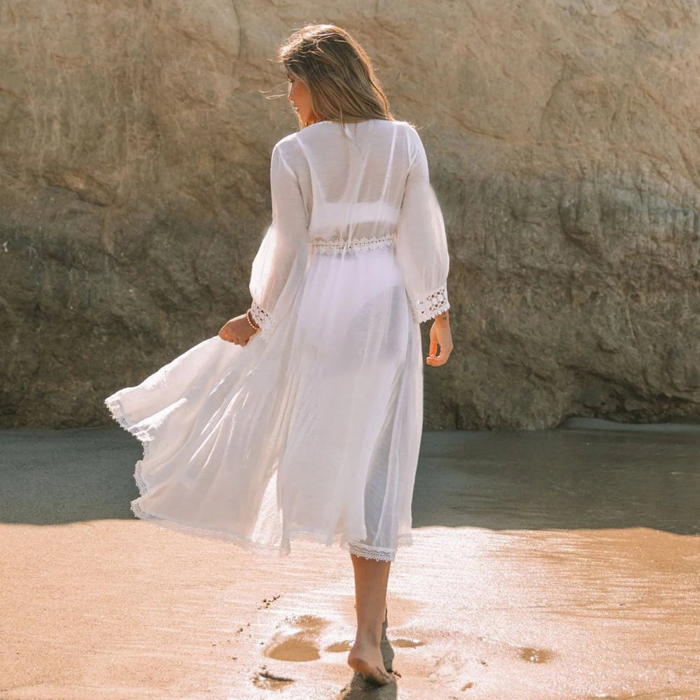 Women's Self Belted Long Lace Kimono Dress Bikinis Cover ups Beach Wear SwimSuit Cover Up robe