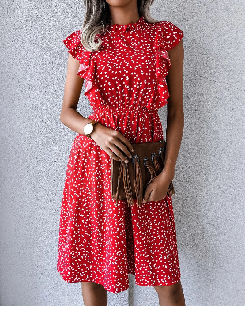 Women's Vintage Butterfly Sleeve Ruffles Heart Dot Print Medium Long Chiffon Spring Summer Dress