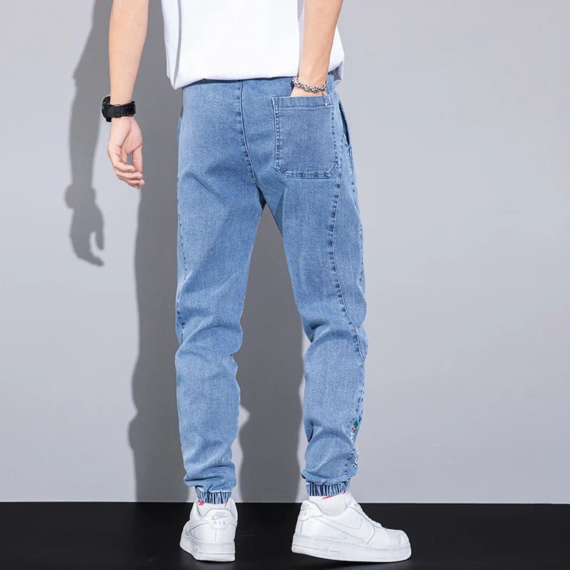 Men's Text Embroidery Elastic Waist Harlan Jeans