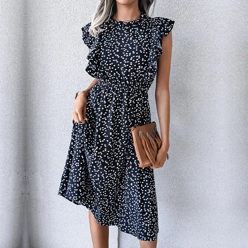 Women's Vintage Butterfly Sleeve Ruffles Heart Dot Print Medium Long Chiffon Spring Summer Dress