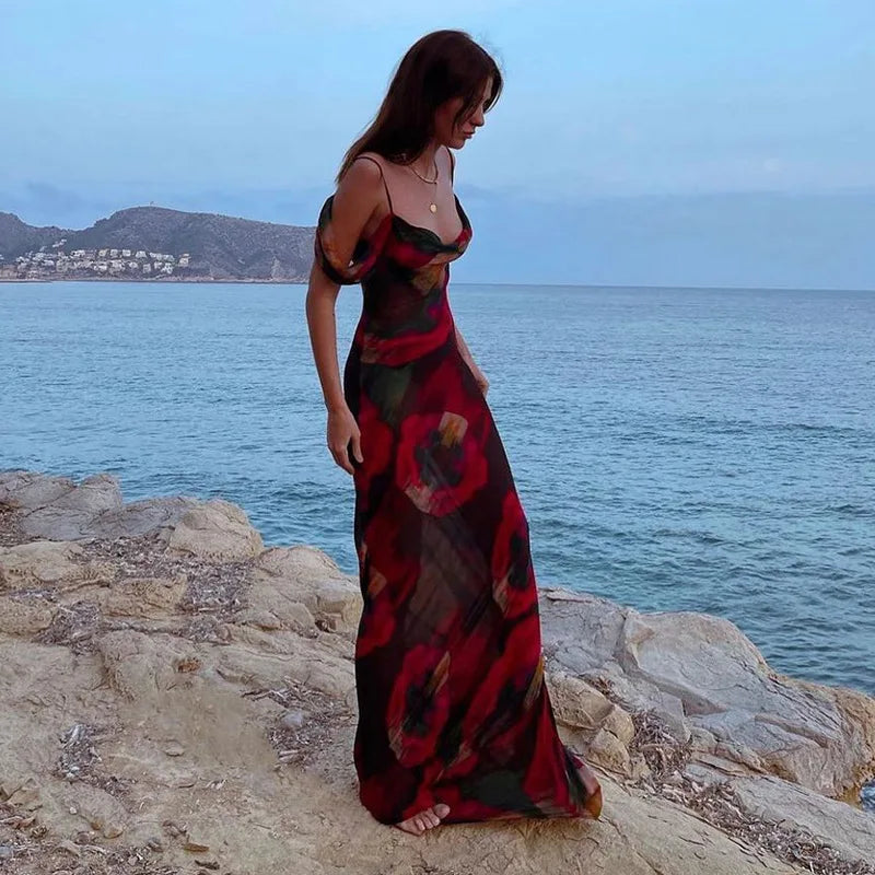 Women's Sleeveless Print Mesh See Through Slip Maxi Dress