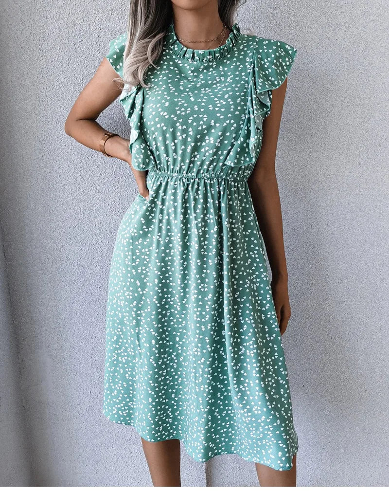 Women's Vintage Butterfly Sleeve Ruffles Heart Dot Print Medium Long Chiffon Spring Summer Dress