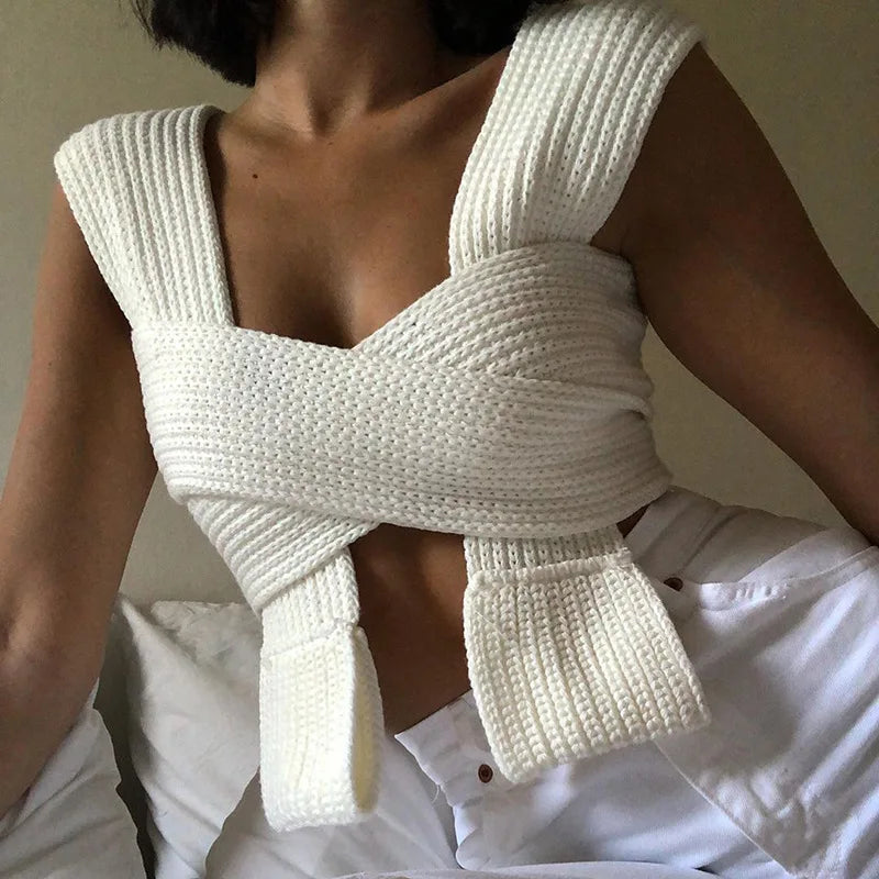 Women's Fall Winter Knitted Crop Top Sleeveless Pullover Bandage Sweater