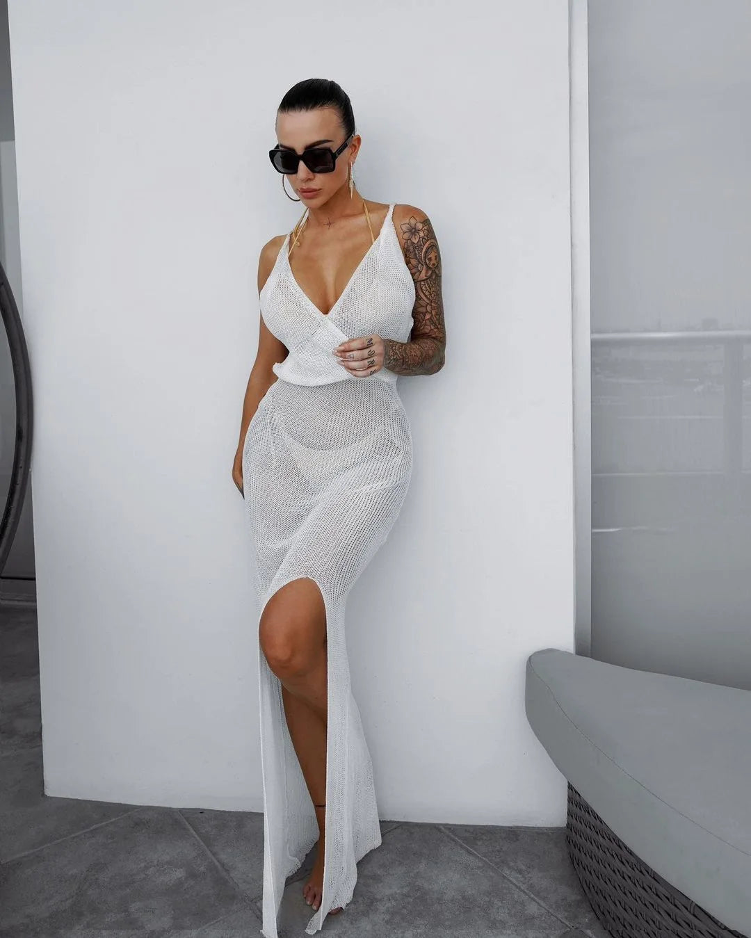 Women's Crochet Beach Maxi See Through Plunge Backless Bandage Sleeveless Lacing Split Long Dresses