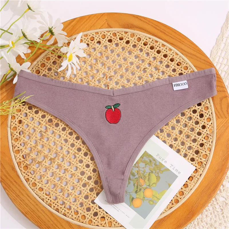 Women's Fruit Embroidery Thongs Cotton T-back Underpants G-string V Waist Underwear Bikini Lingerie