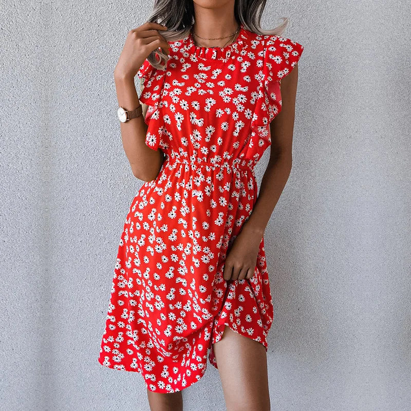 Women's Vintage Butterfly Sleeve Ruffles Heart Dot Print Medium Long Chiffon Spring Summer Dress