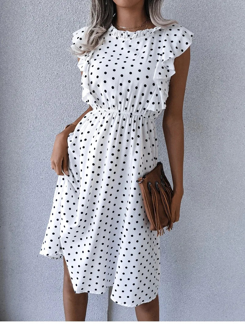 Women's Vintage Butterfly Sleeve Ruffles Heart Dot Print Medium Long Chiffon Spring Summer Dress