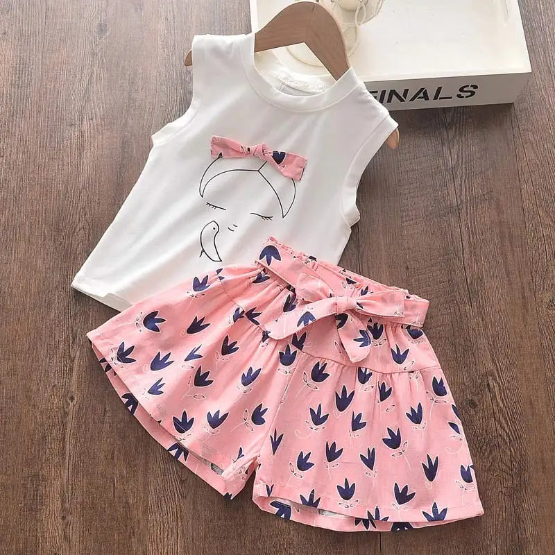 Girls Summer Feather Outfit Set - Sleeveless Top & Bandage Shorts