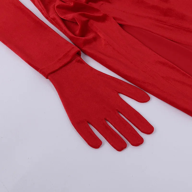Women's Gown Long Dress - Gloves Sleeve Velvet Slit Maxi Ruched Dress