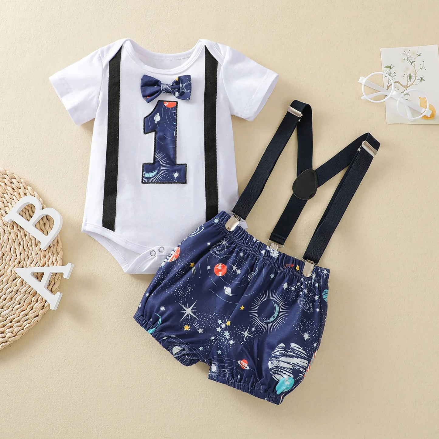 Baby Boy's 1st Birthday Outfit Set - Cartoon Print Romper with Bowknot & Overalls