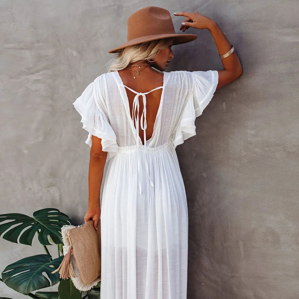 Women's Swimsuit Cover Ups Mandarin Sleeve Kaftan Beach Tunic Beach Dress