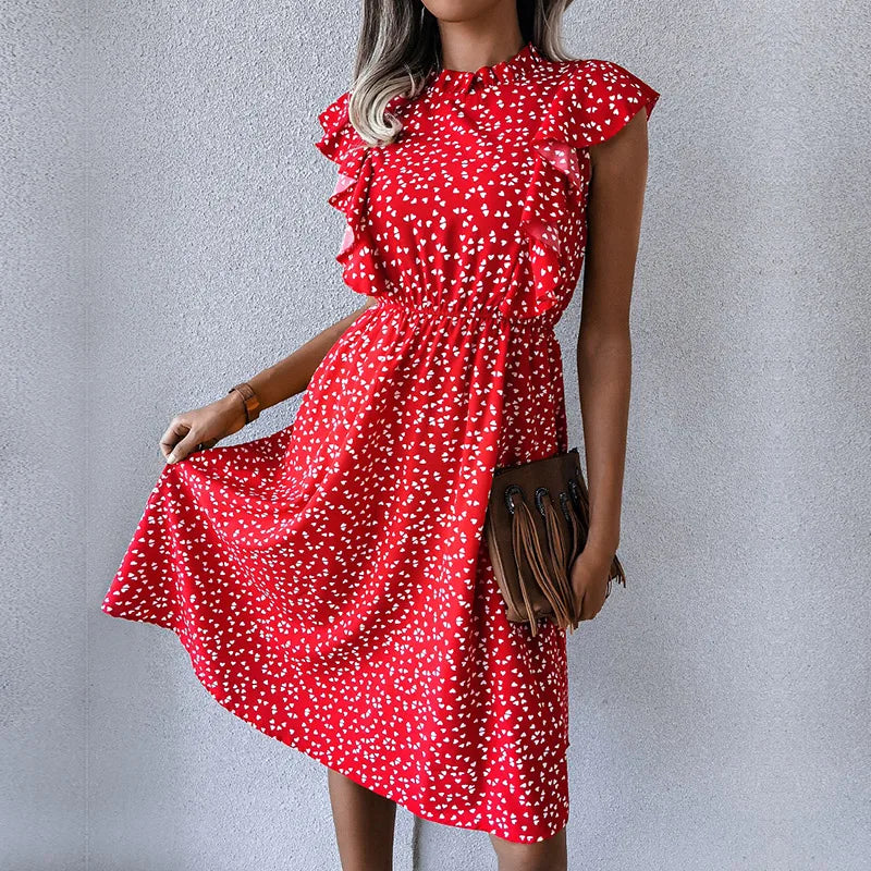 Women's Vintage Butterfly Sleeve Ruffles Heart Dot Print Medium Long Chiffon Spring Summer Dress