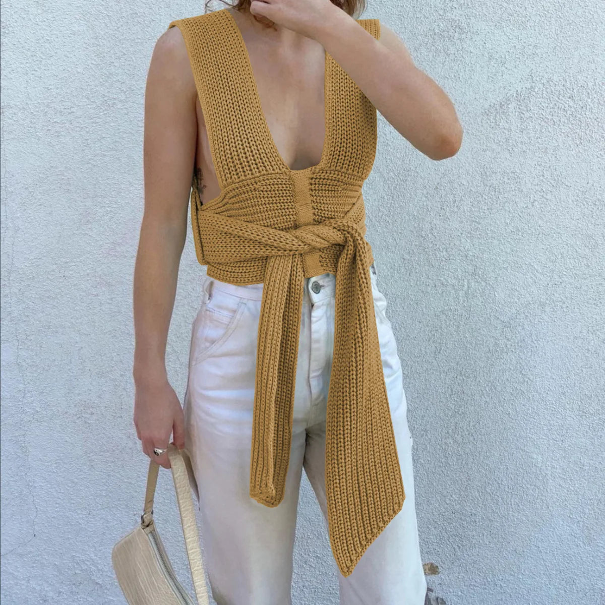 Women's Fall Winter Knitted Crop Top Sleeveless Pullover Bandage Sweater