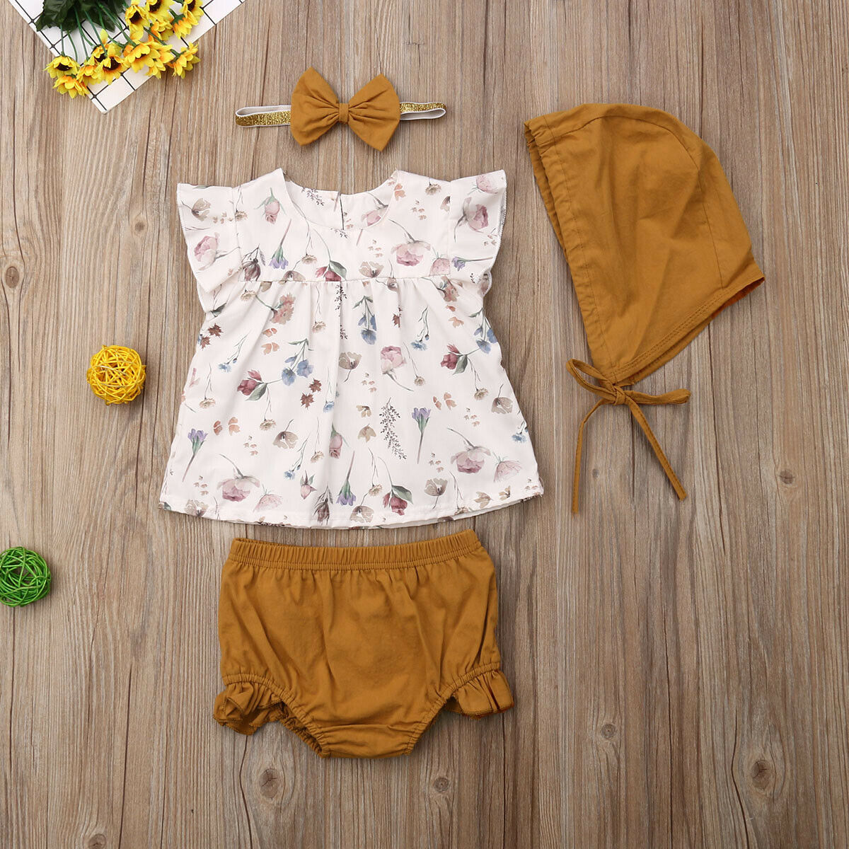 Baby's 4PCS Floral Top, Pants and Hat Outfit Set