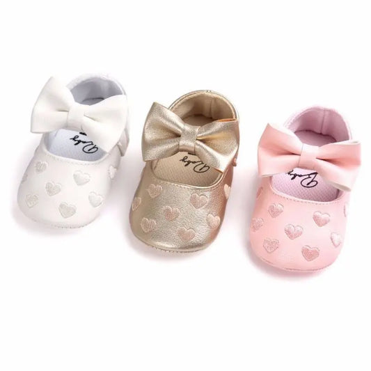 Baby Soft Sole Crib Shoes - Leather Heart Print Hook & Loop (0-18M)