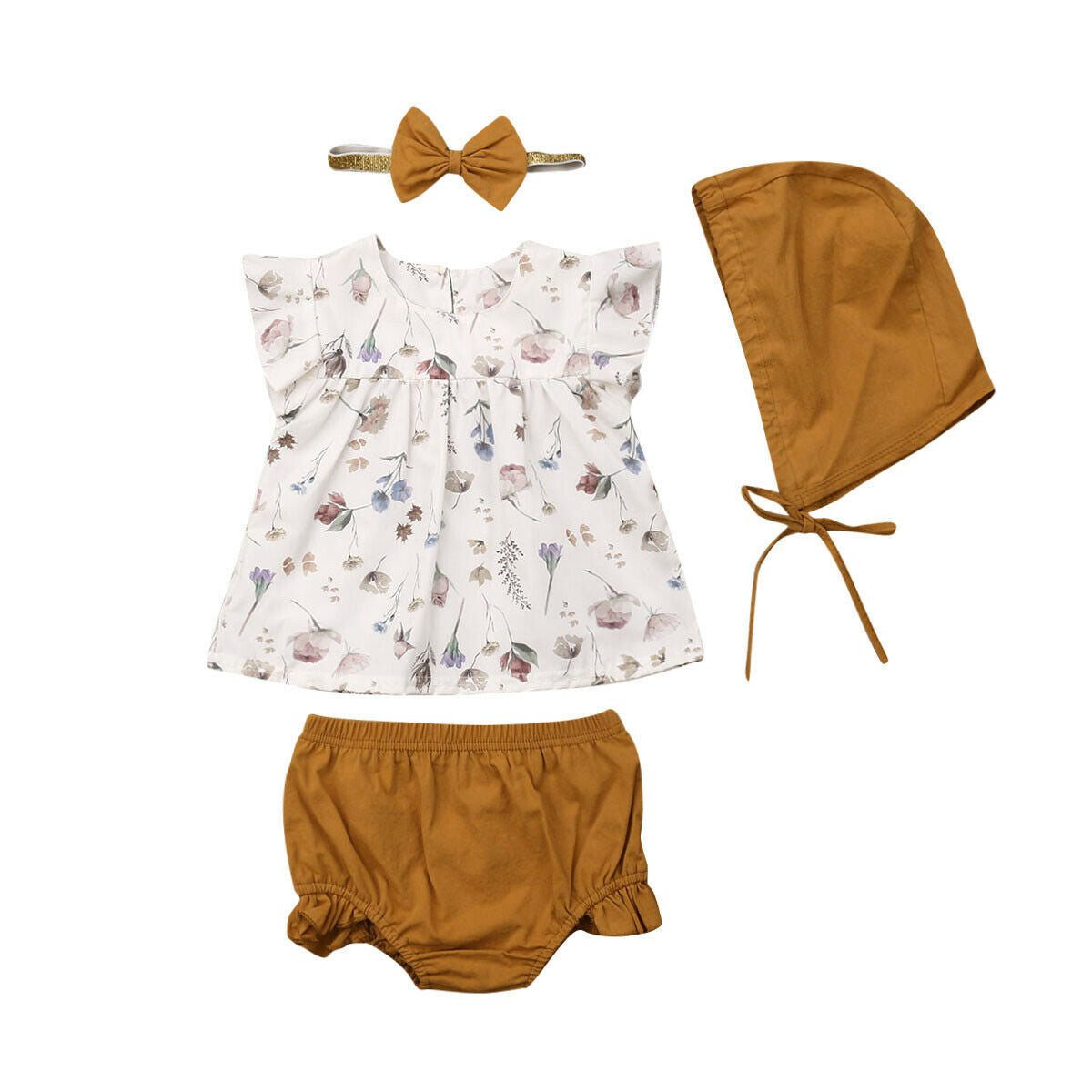 Baby's 4PCS Floral Top, Pants and Hat Outfit Set