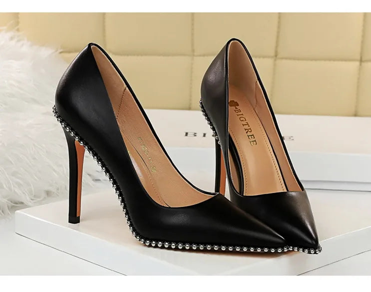 Women's Rivets String Bead PU Leather High Heels Shoes