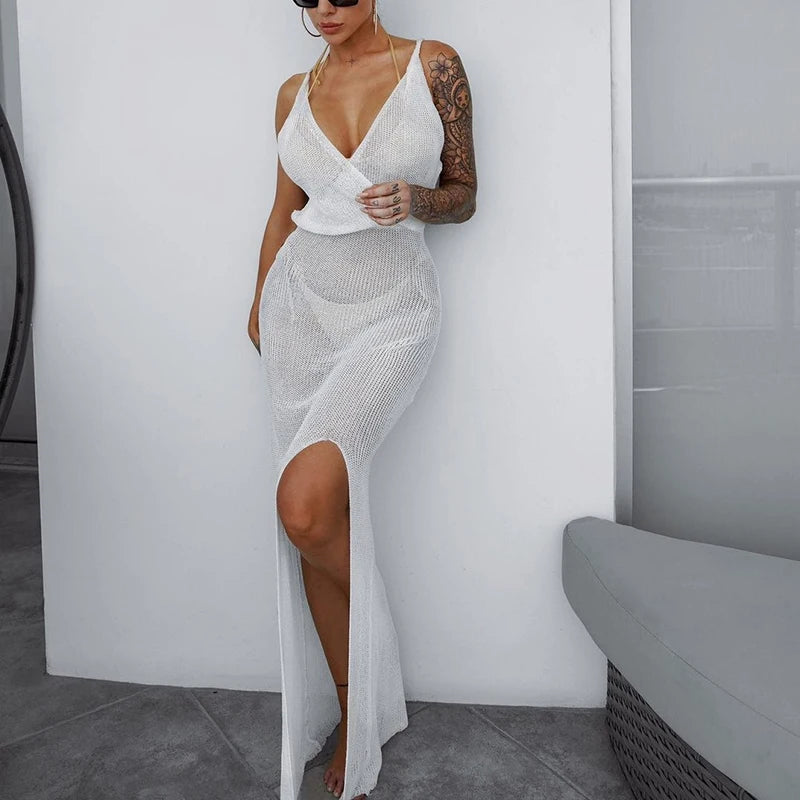 Women's Crochet Beach Maxi See Through Plunge Backless Bandage Sleeveless Lacing Split Long Dresses