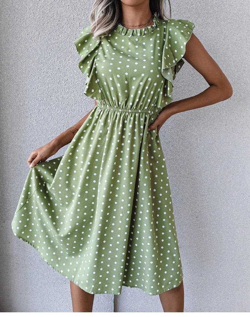 Women's Vintage Butterfly Sleeve Ruffles Heart Dot Print Medium Long Chiffon Spring Summer Dress