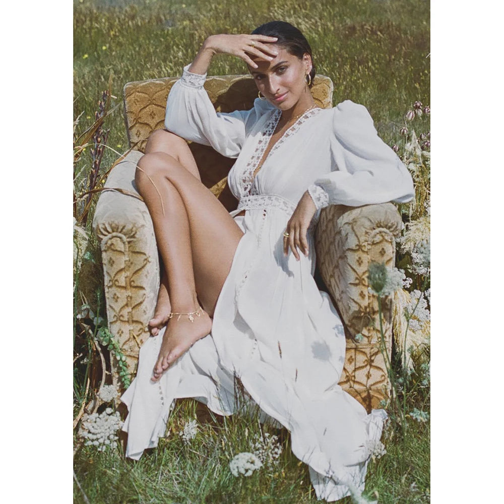 Women's Self Belted Long Lace Kimono Dress Bikinis Cover ups Beach Wear SwimSuit Cover Up robe