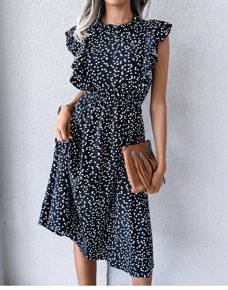 Women's Vintage Butterfly Sleeve Ruffles Heart Dot Print Medium Long Chiffon Spring Summer Dress