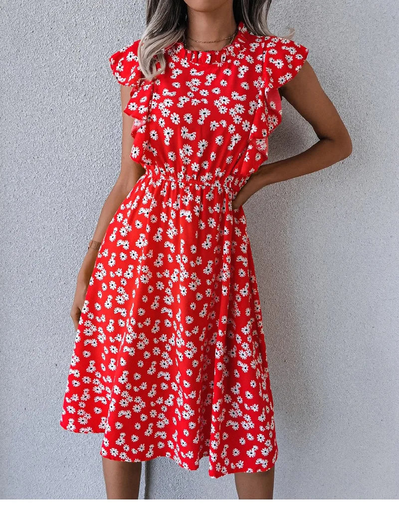 Women's Vintage Butterfly Sleeve Ruffles Heart Dot Print Medium Long Chiffon Spring Summer Dress