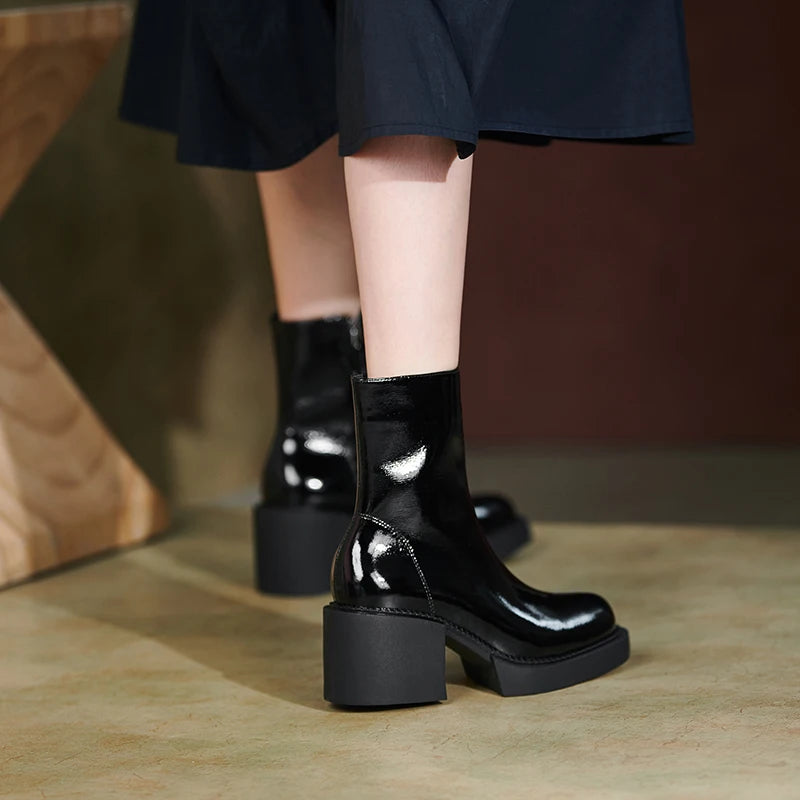 Genuine Leather Women Boots Platform Chunky Boots