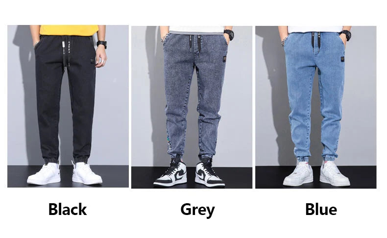 Men's Text Embroidery Elastic Waist Harlan Jeans