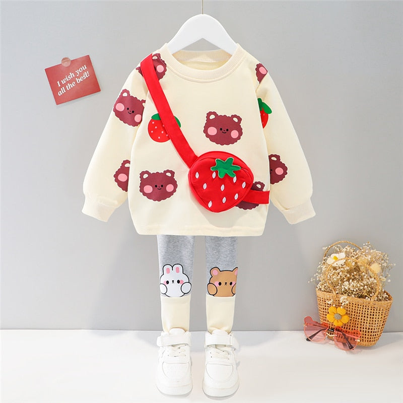 Girl's Cartoon Rabbit Long Sleeve T Shirt and Pants 2PCS Outfit Set