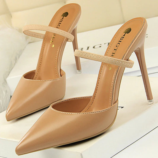 Women's Summer High Heels Slippers PU Heeled Stiletto Shoes
