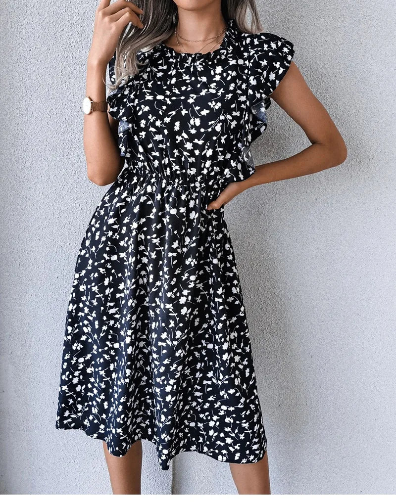 Women's Vintage Butterfly Sleeve Ruffles Heart Dot Print Medium Long Chiffon Spring Summer Dress