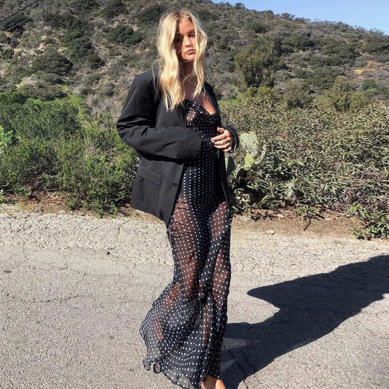 Women's Spaghetti Strap Polka Dot Maxi Backless  Mesh See Through Dress