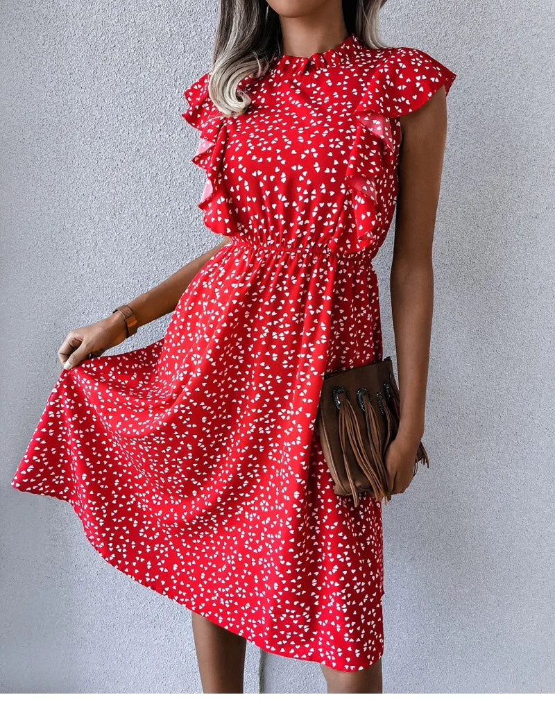Women's Vintage Butterfly Sleeve Ruffles Heart Dot Print Medium Long Chiffon Spring Summer Dress