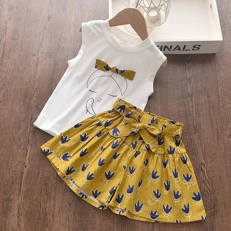 Girls Summer Feather Outfit Set - Sleeveless Top & Bandage Shorts